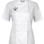 Bluza gastronomiczna damska biała krótki rękaw z haftem nóż, widelec, łyżka