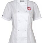 Bluza gastronomiczna damska biała krótki rękaw z z godłem i flagą Polska