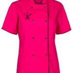 Bluza gastronomiczna damska różowa KLASYCZNA krótki rękaw z haftem nóż, widelec, łyżka (czarny haft)