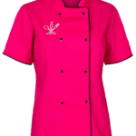 Bluza gastronomiczna damska różowa KLASYCZNA krótki rękaw z haftem nóż, widelec, łyżka (biały haft)