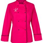 Bluza gastronomiczna damska różowa KLASYCZNA długi rękaw z haftem nóż, widelec, łyżka (biały haft)